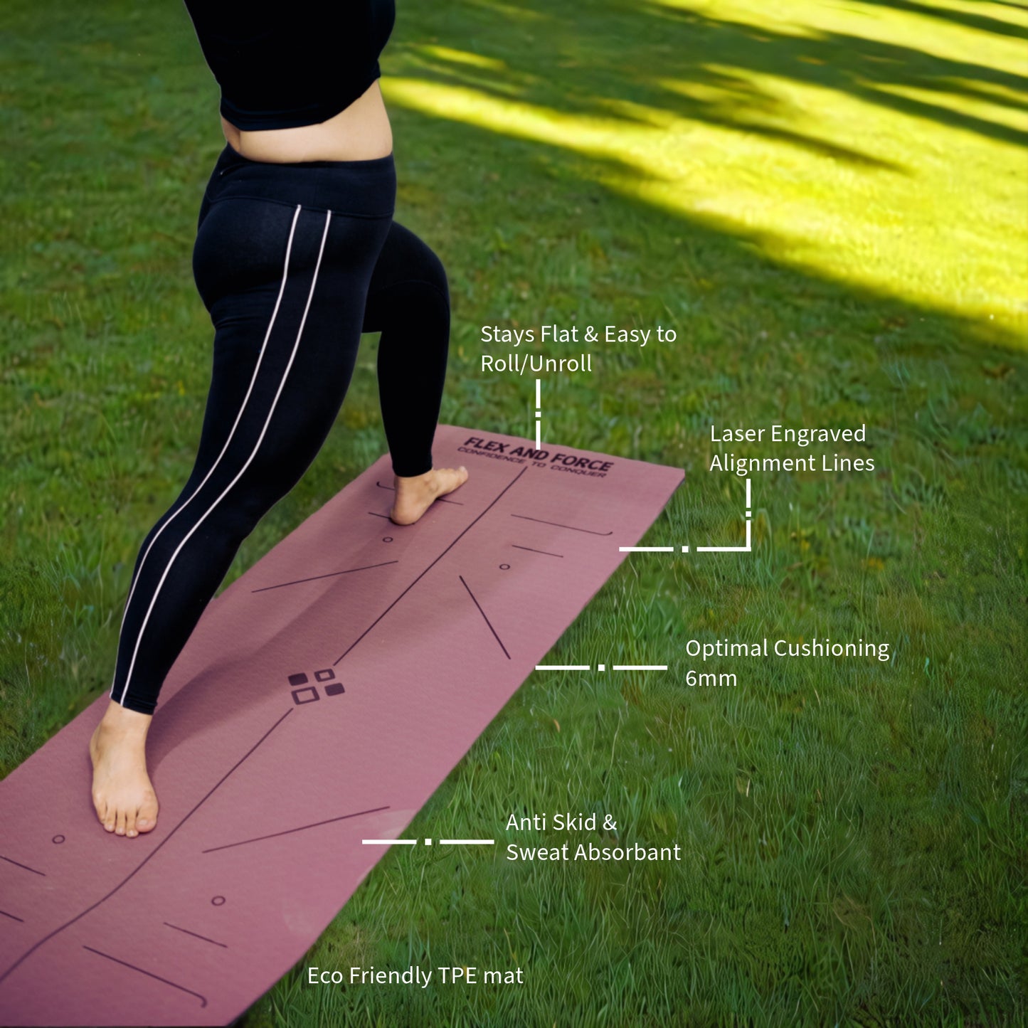 Premium TPE Anti-skid Ultrasoft Yoga Mat 6mm thick, Guiding alignment lines, Strap, Polyester bag