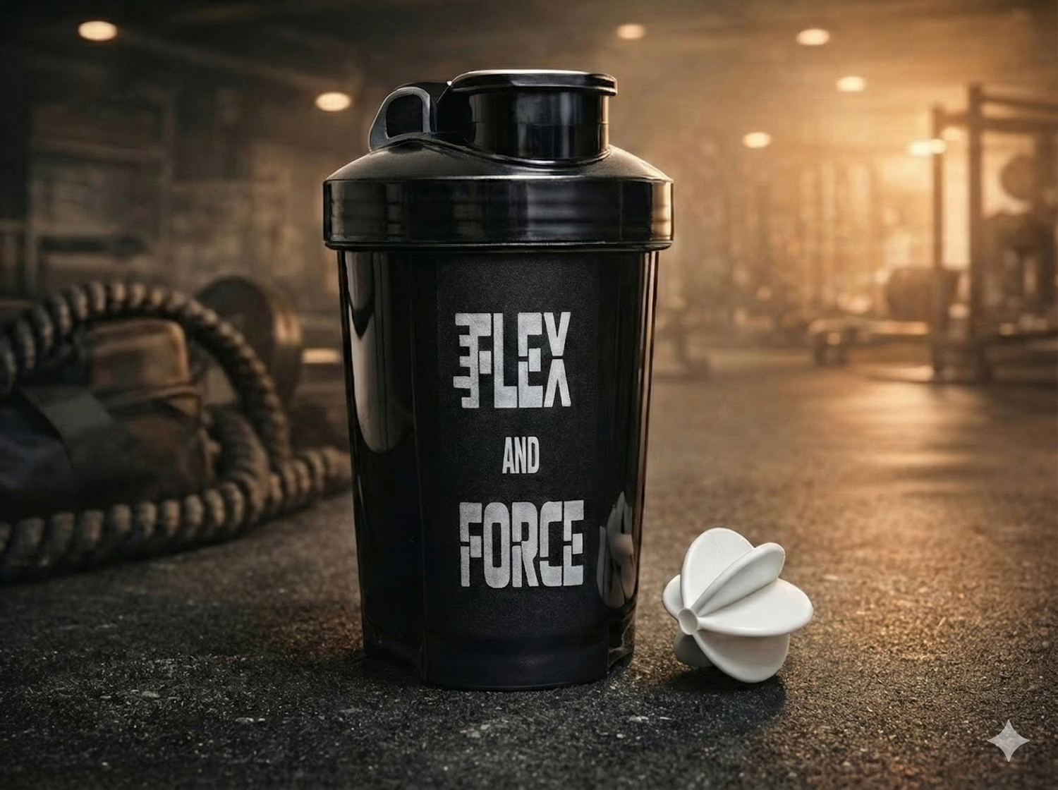 Flex And Force gym shaker bottles 500ml and 750ml in black on clean white background