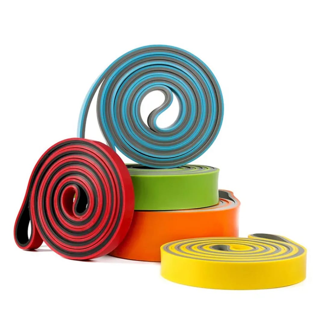 Flex And Force training accessories — resistance bands in light medium and heavy on white background